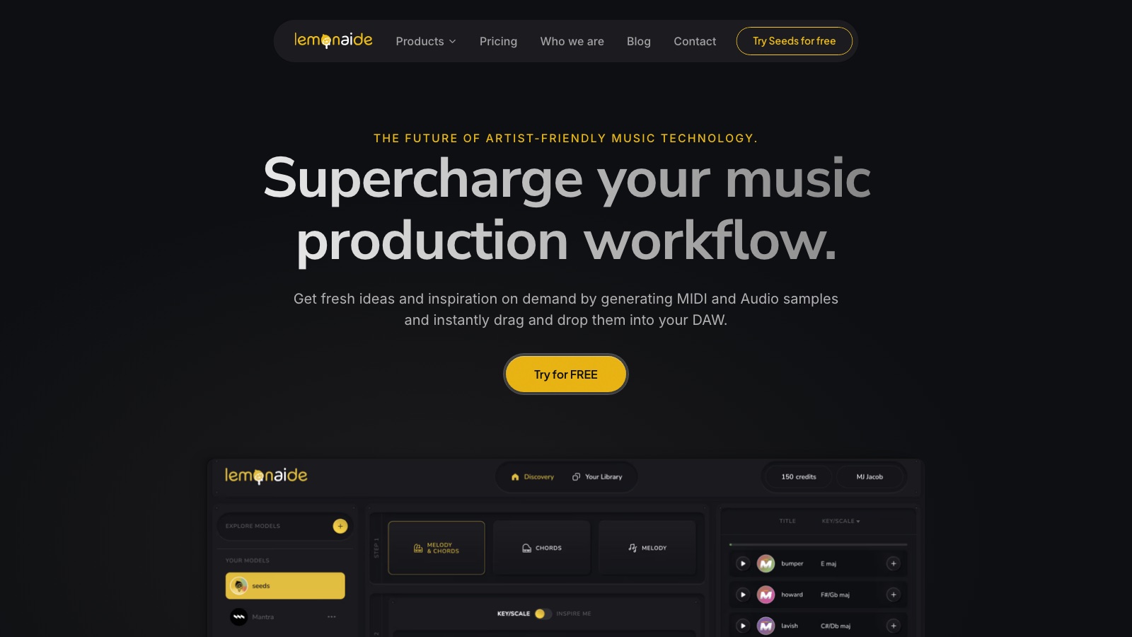 Lemonaide AI homepage showing the desktop app with model browser, melody and chords generators, and a results list