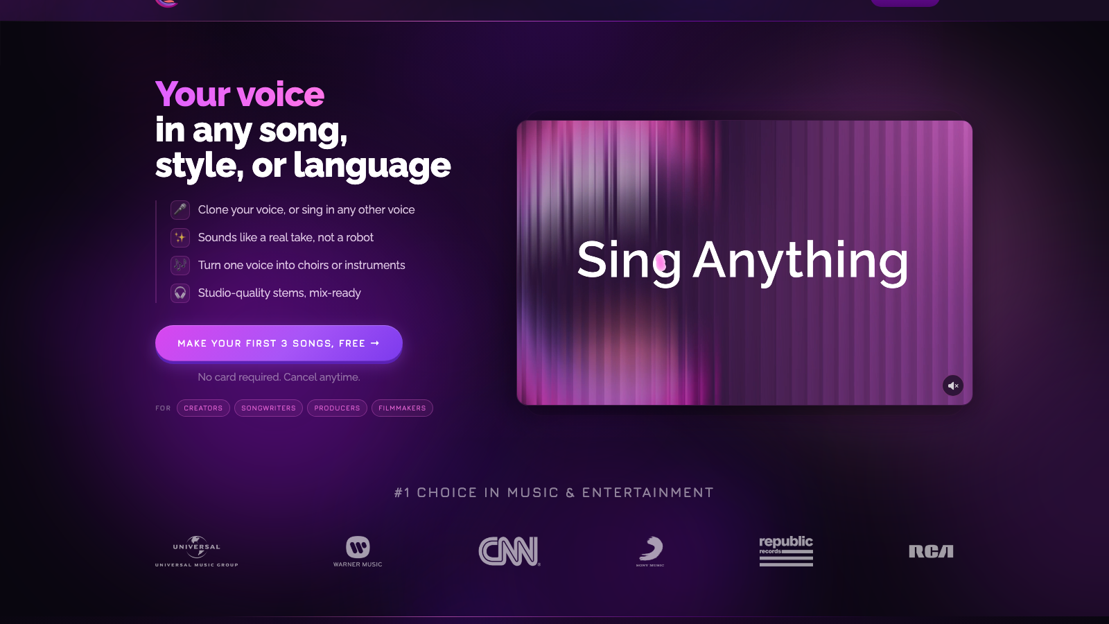 Controlla Voice homepage with the headline Your voice in any song, style, or language and a Sing Anything player panel