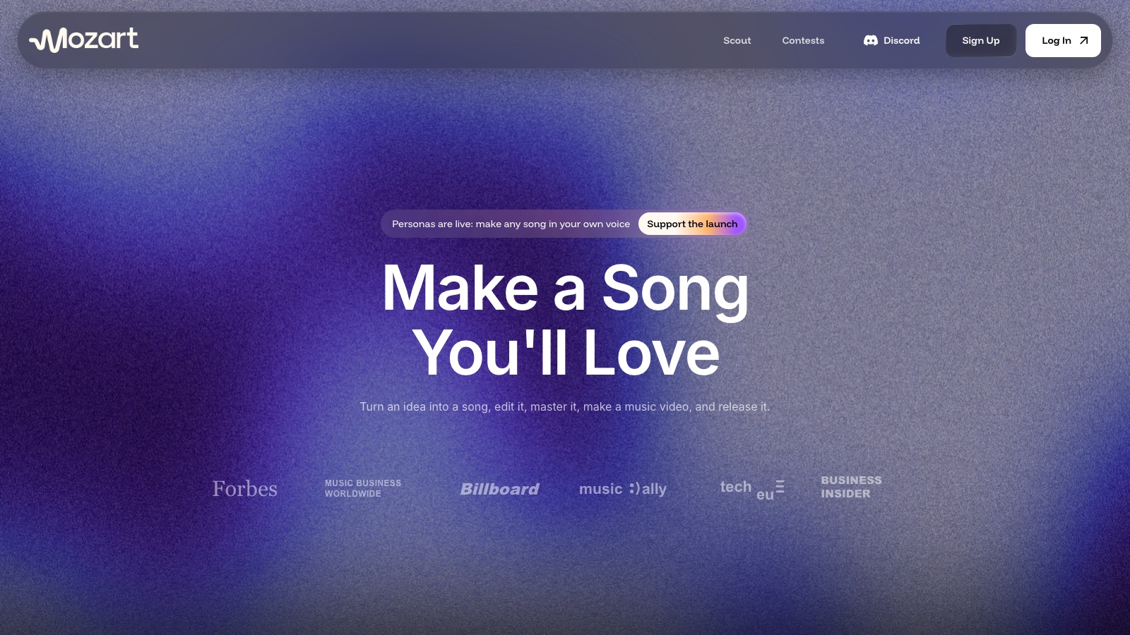 Mozart AI homepage with the headline Make a Song You'll Love and press logos from Forbes, Billboard, and Music Business Worldwide