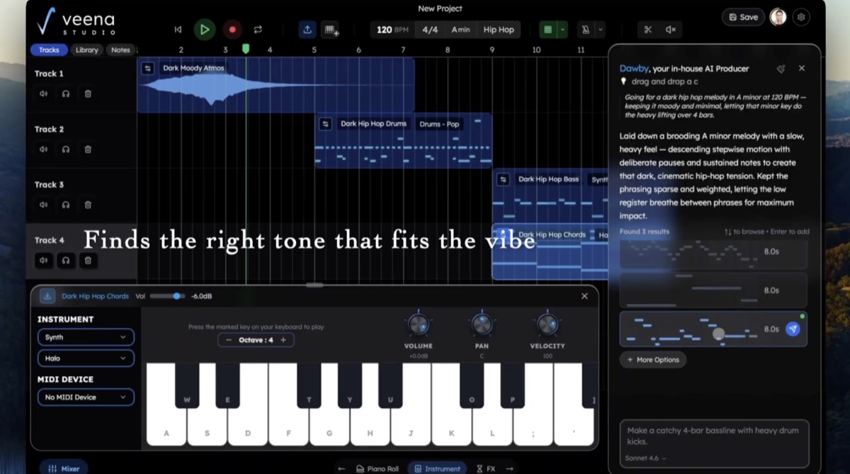 Veena Studio browser DAW with the AI CoProducer generating a dark hip hop chord progression in the piano roll