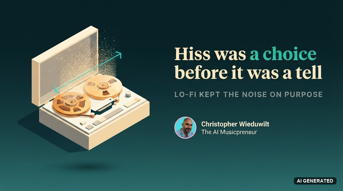 Isometric reel-to-reel tape machine with warm analog grain rising from the tape path while a teal scanner line measures it, illustrating hiss as a deliberate production choice
