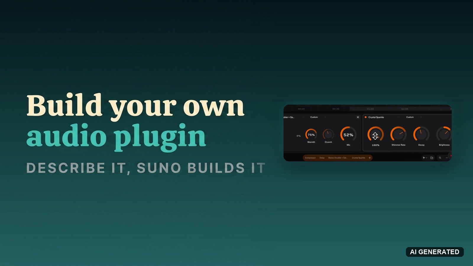 Build your own audio plugin in Suno Studio, beside two chat-built Suno plugins with orange knobs for warmth, crunch, shimmer rate and brightness