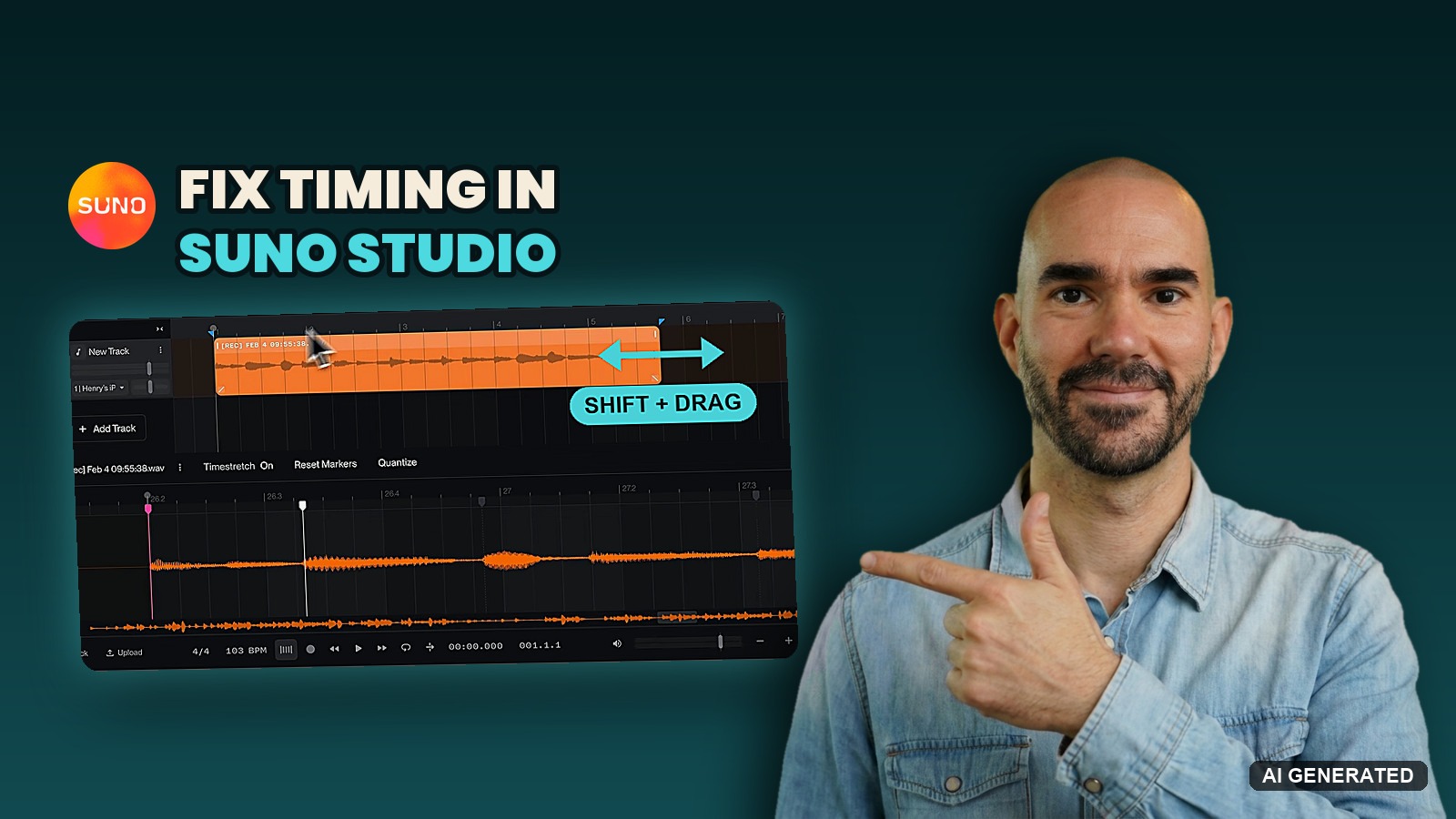 Christopher Wieduwilt pointing at a Suno Studio clip being stretched with Shift and drag above the warp marker editor