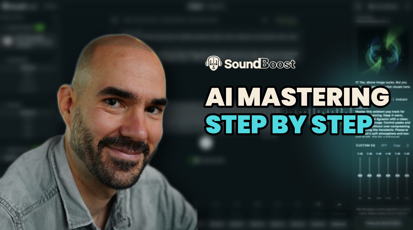 Chris Wieduwilt beside the SoundBoost AI mastering interface, with the headline AI mastering step by step