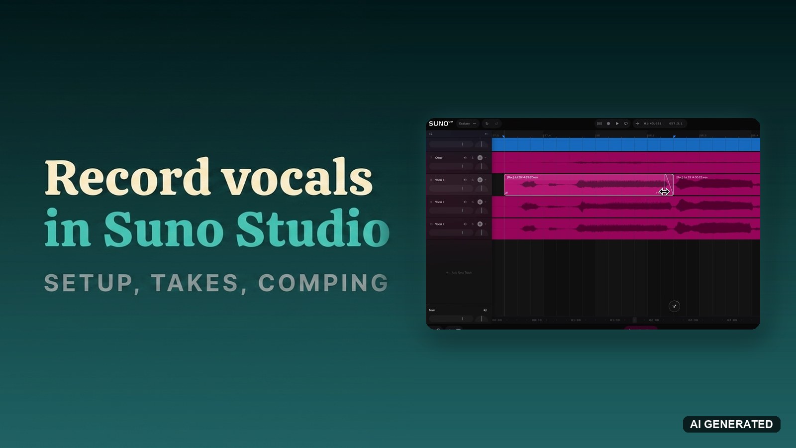 How to record vocals in Suno Studio, beside a Suno Studio session with three stacked vocal take lanes and a fade being dragged on a recorded clip