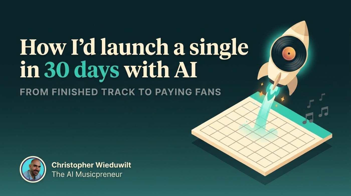 Isometric vinyl-record rocket launching from a calendar grid, hero for the 30-day AI single release plan