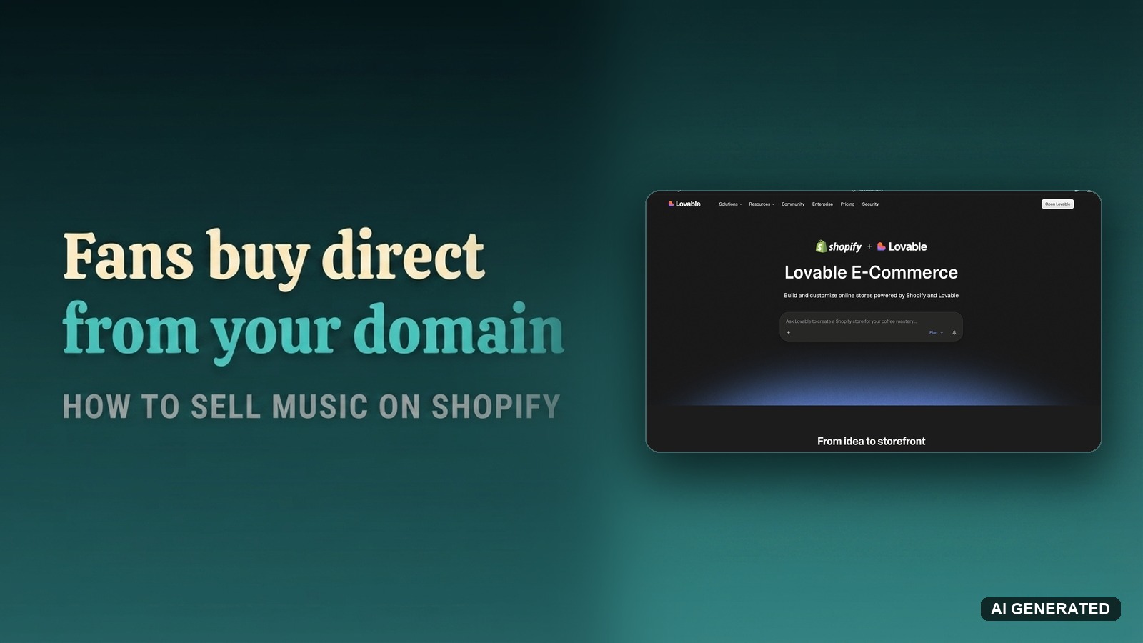 Split hero for the Shopify music store guide: headline on the left, the Lovable e-commerce builder screen on the right