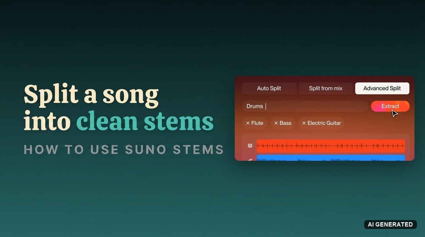 Tutorial hero for separating stems in Suno, showing the Advanced Split panel with Auto Split and Split from Mix tabs and extracted drum and bass tracks
