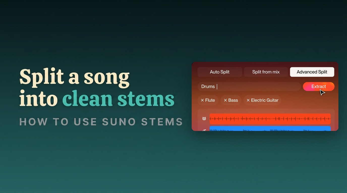 Tutorial hero for separating stems in Suno, showing the Advanced Split panel with Auto Split and Split from Mix tabs and extracted drum and bass tracks