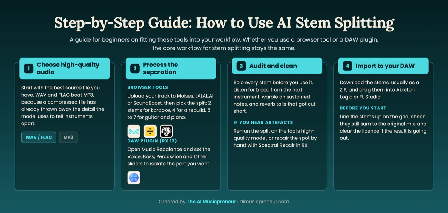 Four-step guide to AI stem splitting: choose a WAV or FLAC source, run the split in Moises, LALAL.AI, SoundBoost or the RX 12 Music Rebalance plugin, audit each stem for bleed and artefacts, then import the stems into your DAW