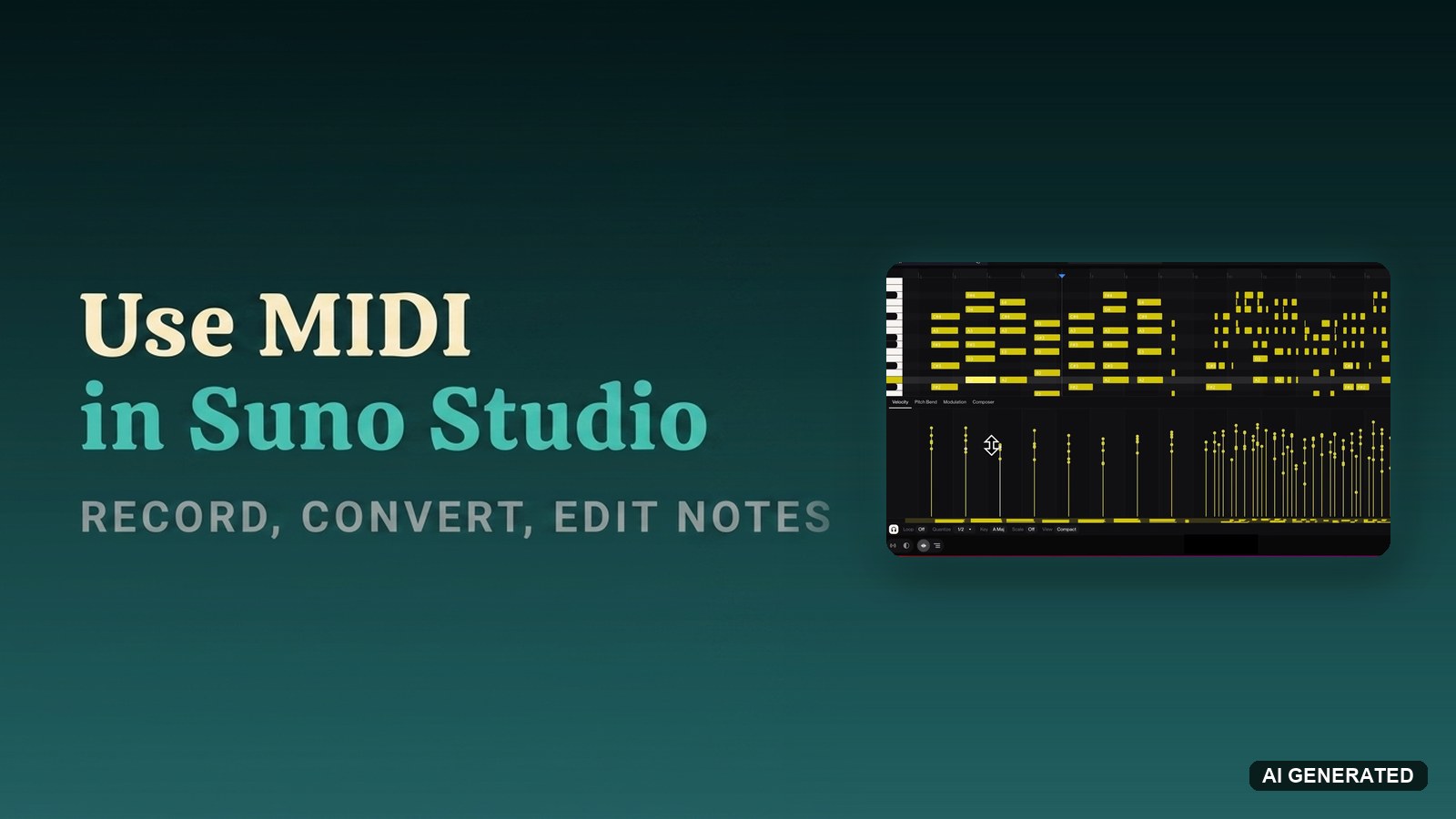 How to use MIDI in Suno Studio, beside the Suno Studio piano roll showing yellow MIDI notes in A major above the velocity editing lane