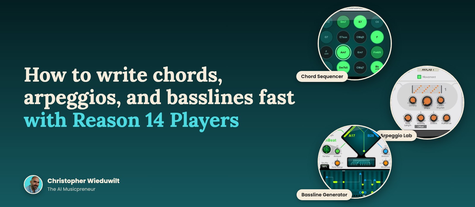 Tutorial hero with Chord Sequencer, Arpeggio Lab, and Bassline Generator panels in 3 bubbles