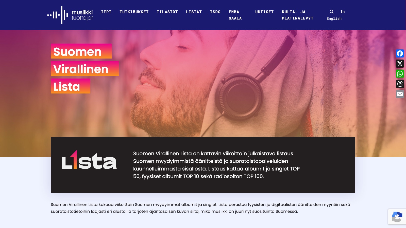 Suomen Virallinen Lista page on the Musiikkituottajat site, the Official Finnish Chart now closed to AI-generated music