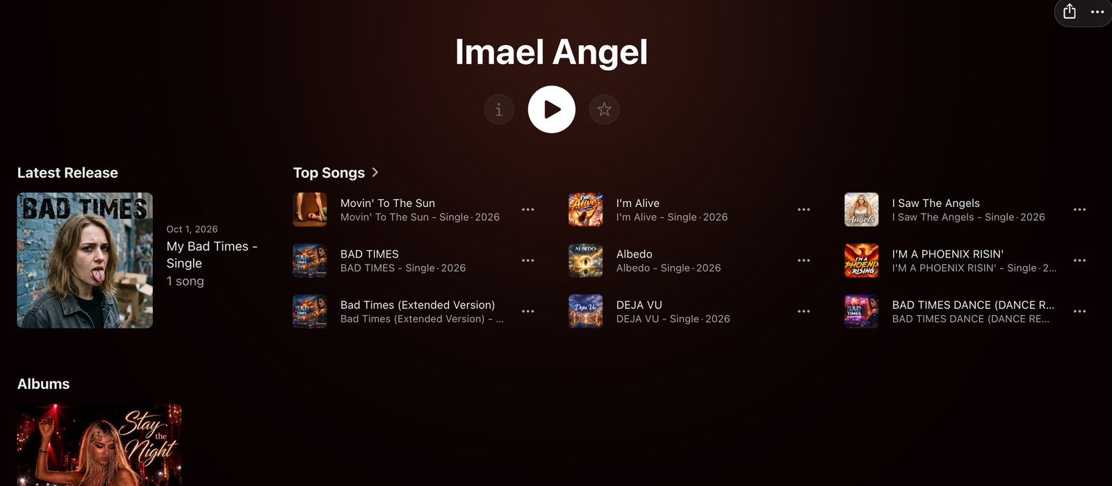 Apple Music artist page for Imael Angel listing BAD TIMES, its Extended Version and Movin' To The Sun