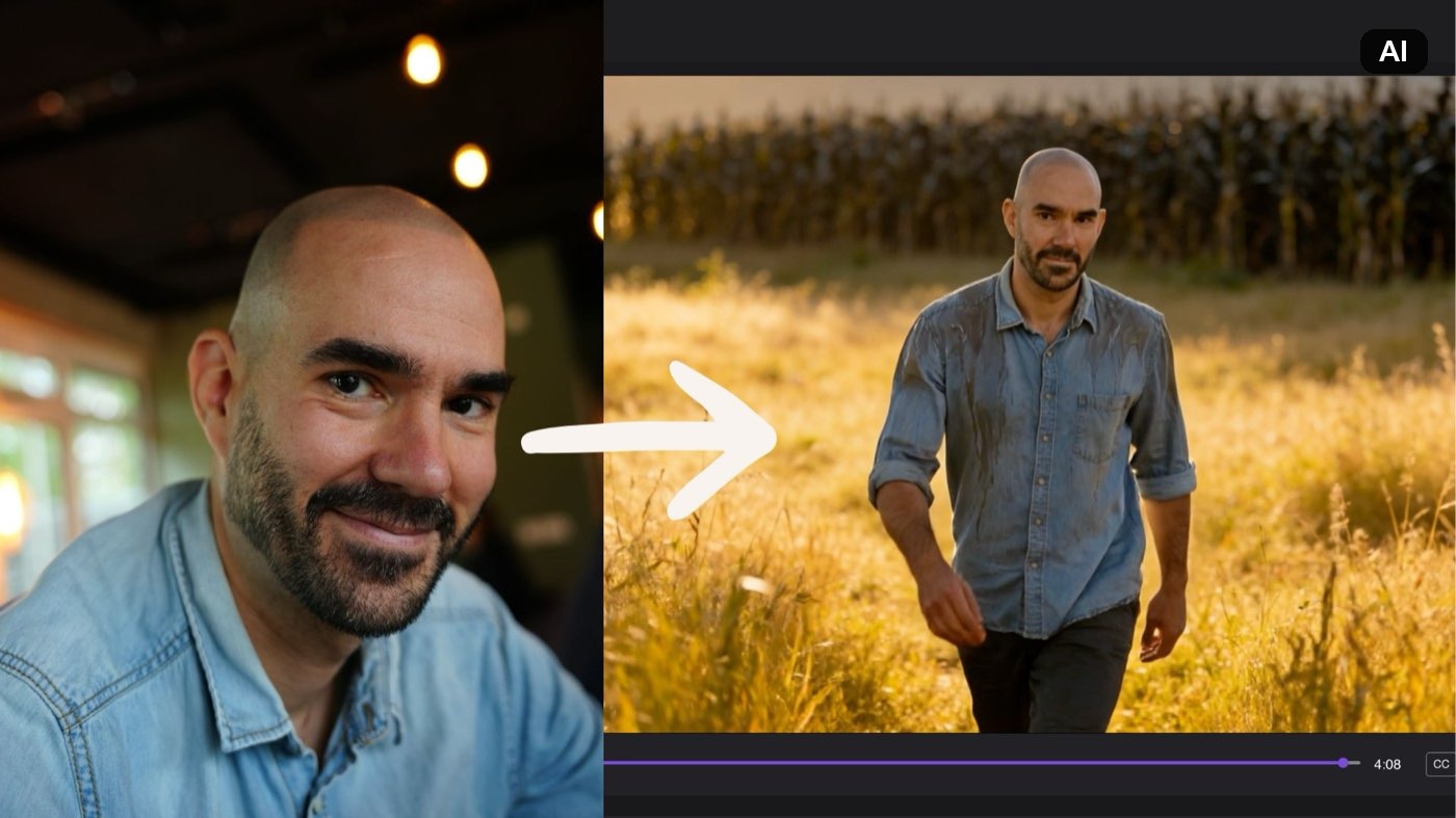 Reference photo of Christopher Wieduwilt next to his Neural Frames AI character in a sunlit cornfield