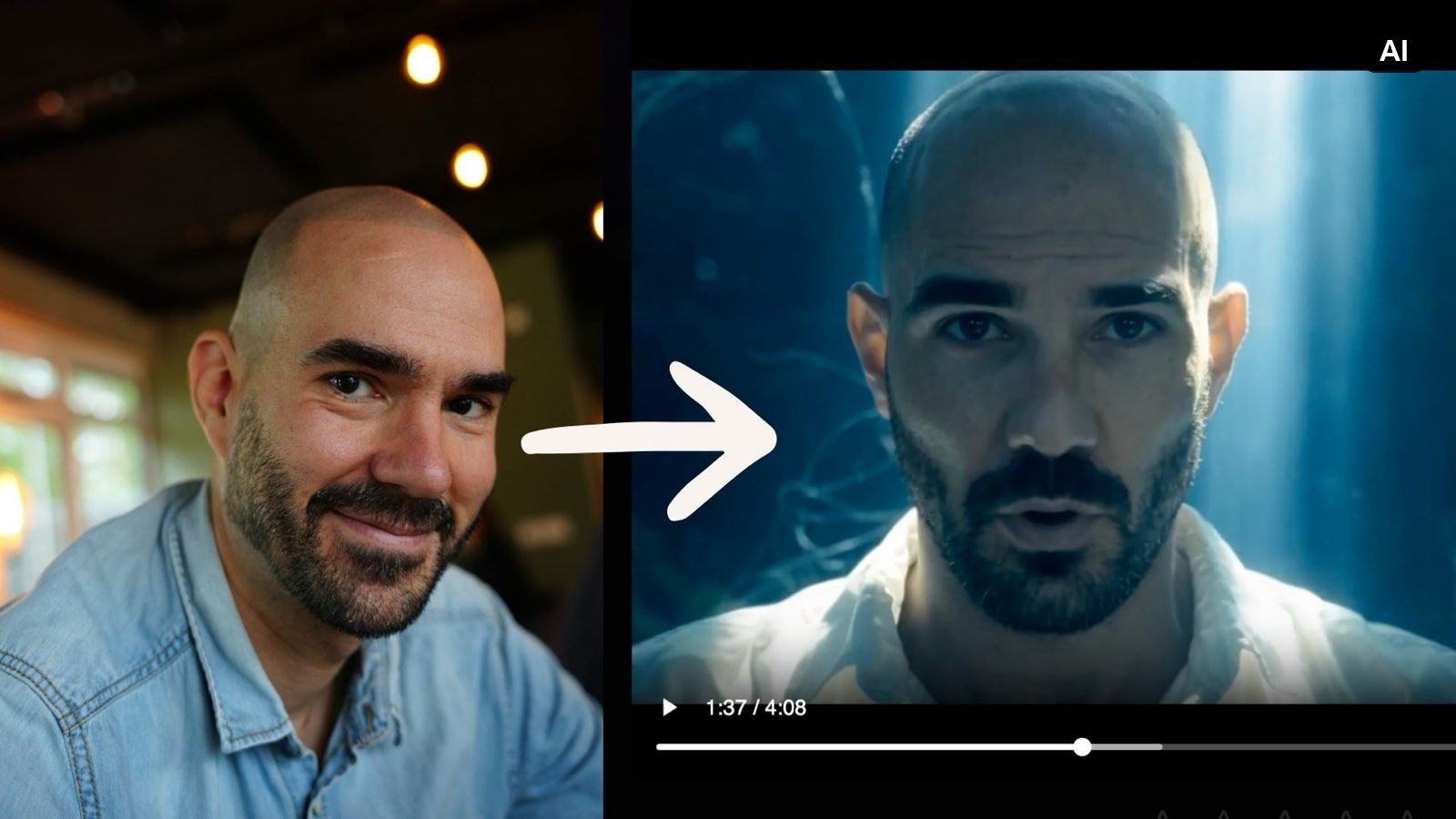 Reference photo of Christopher Wieduwilt next to his OneMoreShot AI character singing underwater