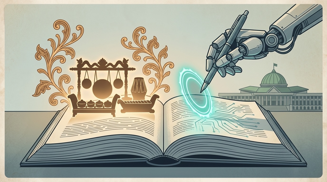 Editorial illustration of an open law book with glowing gamelan instruments on one page and a robotic pen blocked by a seal on the other