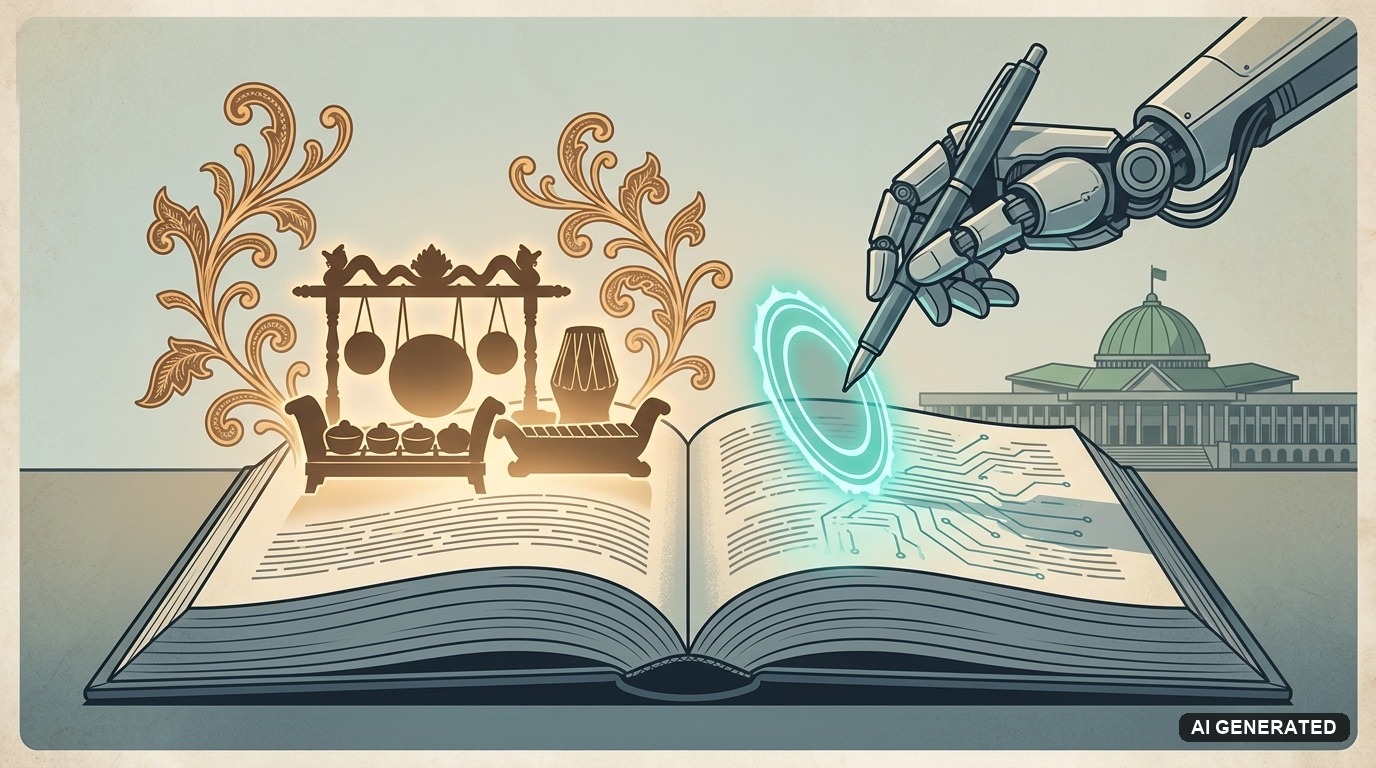 Editorial illustration of an open law book with glowing gamelan instruments on one page and a robotic pen blocked by a seal on the other