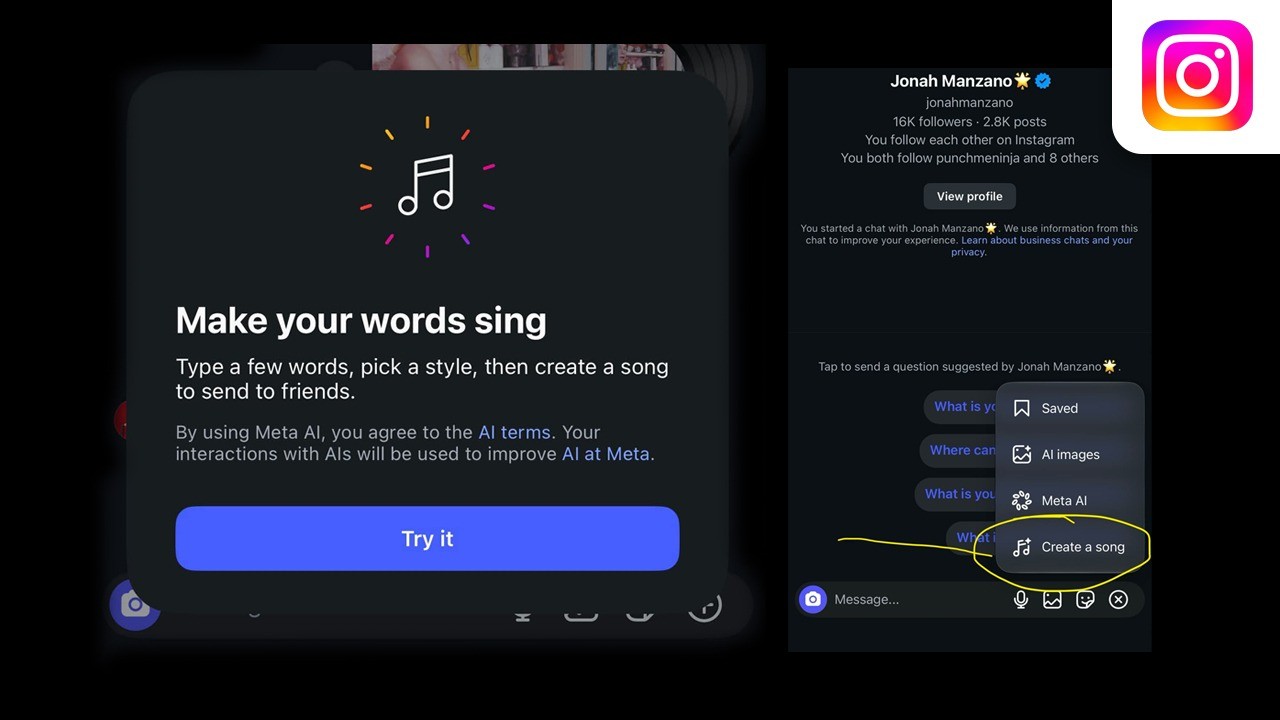 Instagram screenshots showing the Make your words sing card and the DM menu with the Create a song option circled