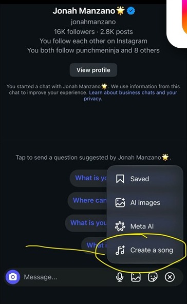 Instagram DM menu listing Saved, AI images, Meta AI and Create a song above the message bar