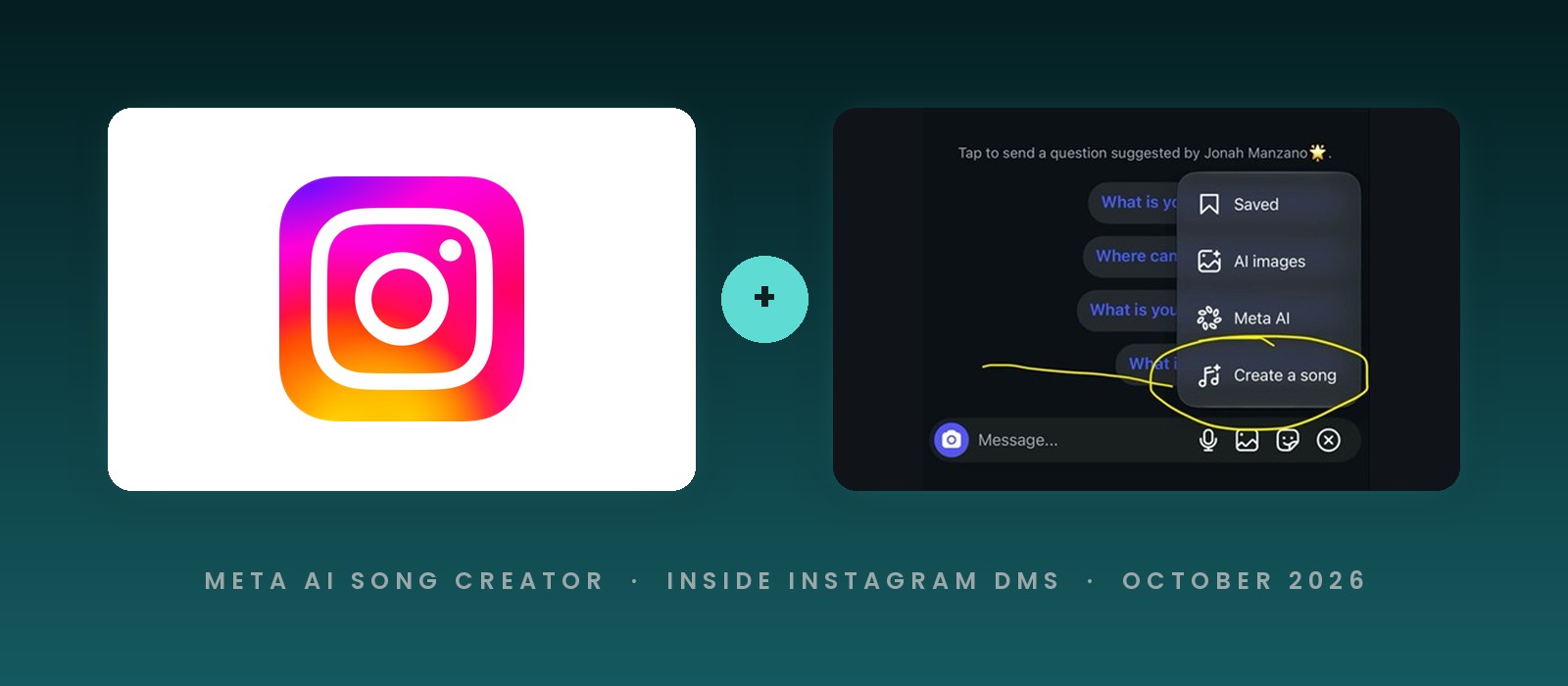 Instagram logo next to the DM menu showing the new Create a song option under Meta AI