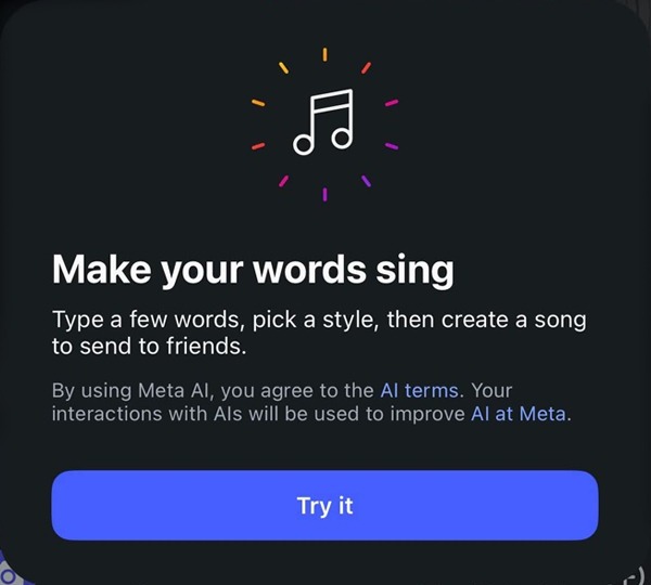 Instagram Make your words sing card from Meta AI with a Try it button and the AI terms notice