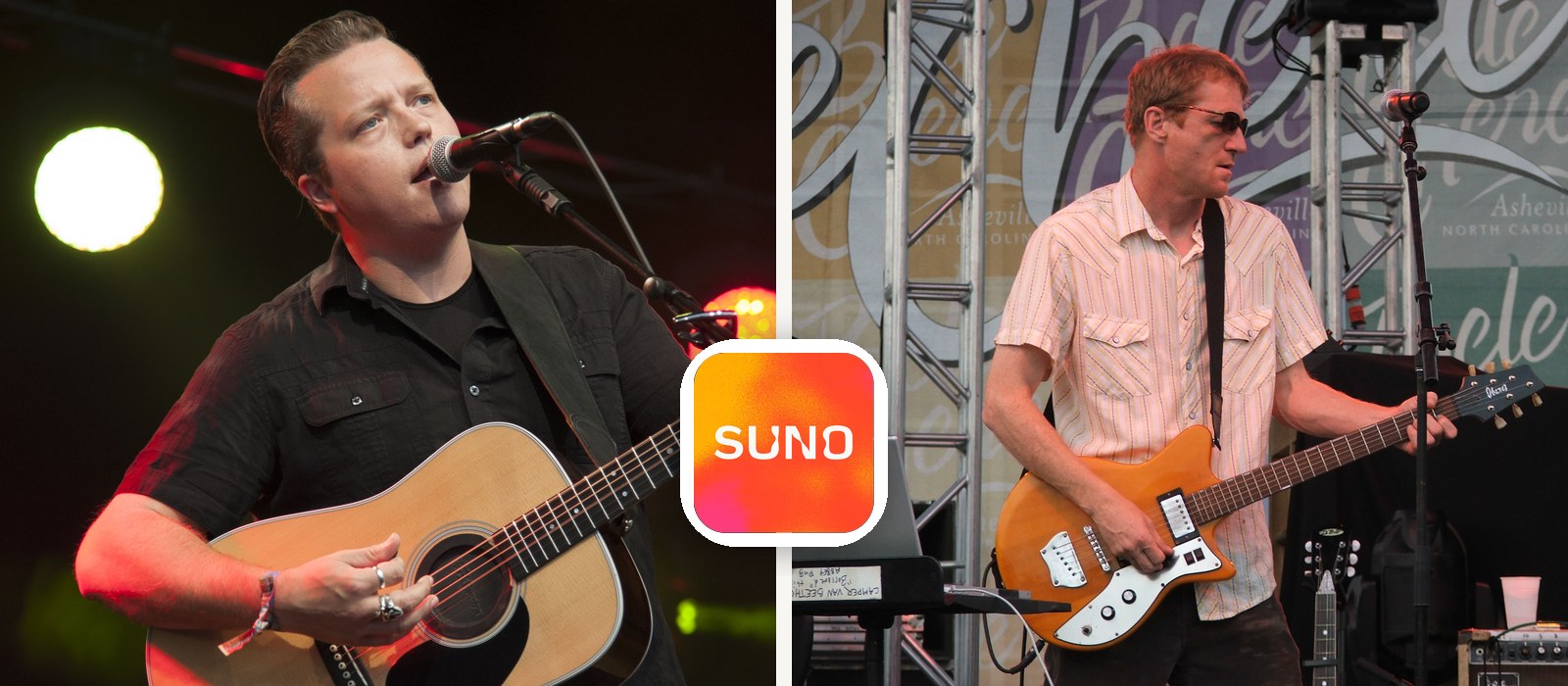 Jason Isbell and David Lowery performing live, split either side of the Suno logo, the two lead plaintiffs in the identity class action against Suno