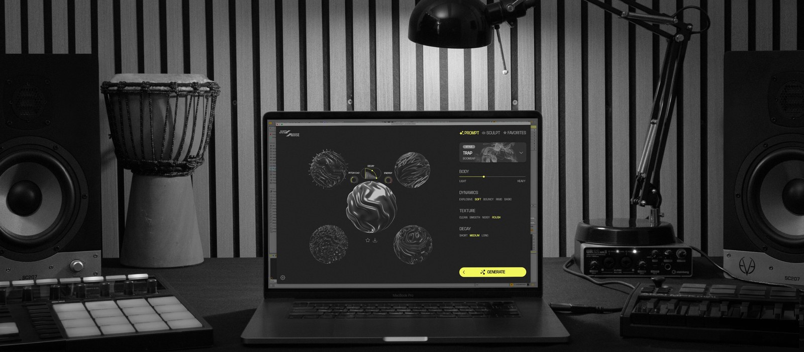Just 4 Kicks plugin open on a laptop in a studio, showing its style, body and texture controls