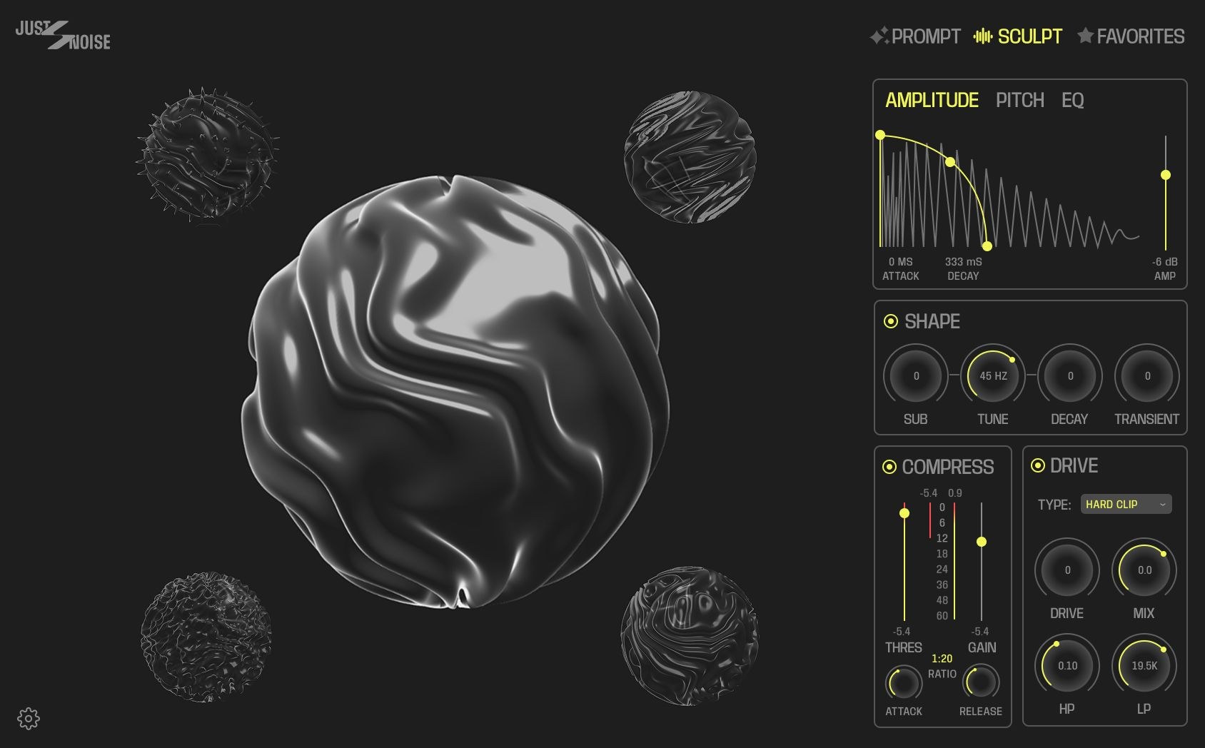 Just 4 Kicks Sculpt tab with amplitude envelope, sub and tune knobs, compressor and drive controls