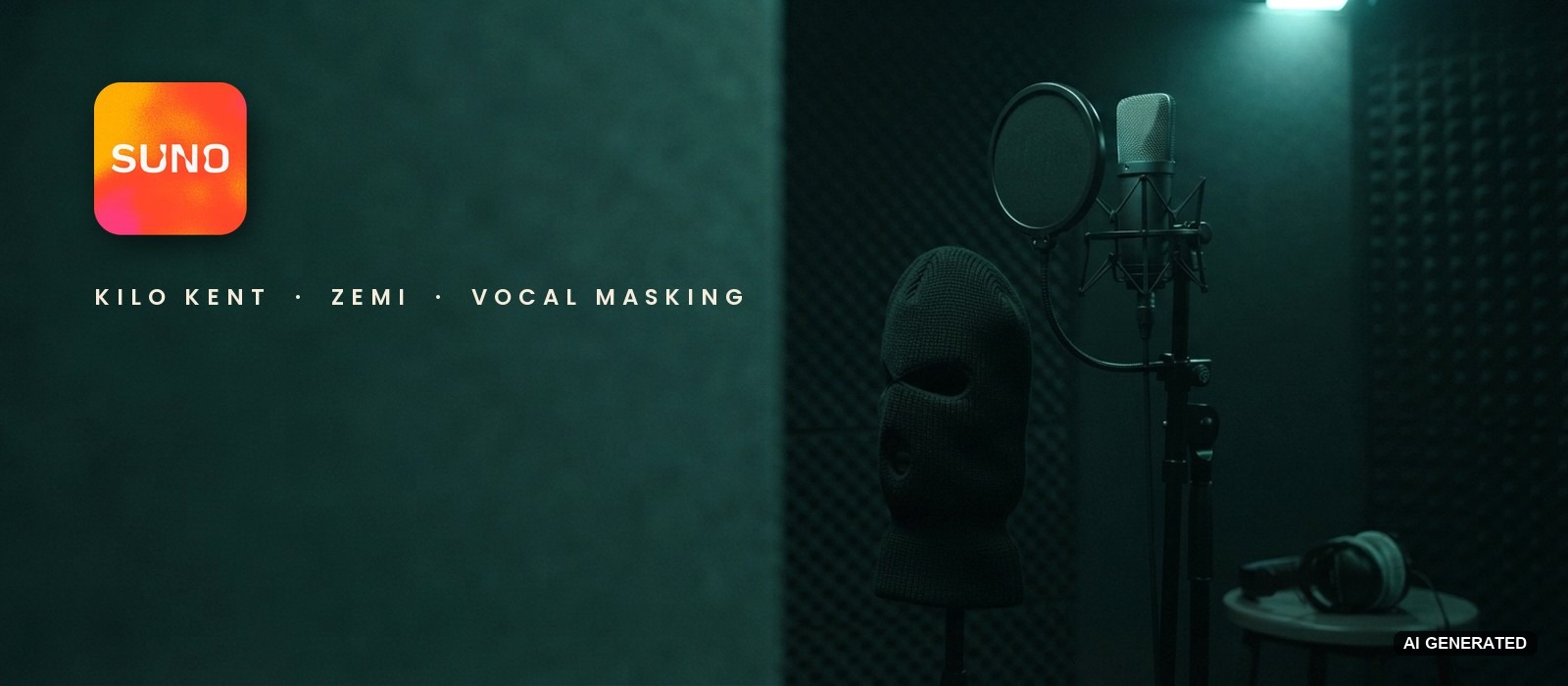 Ski mask beside a studio microphone in a dark vocal booth, with Suno's app icon