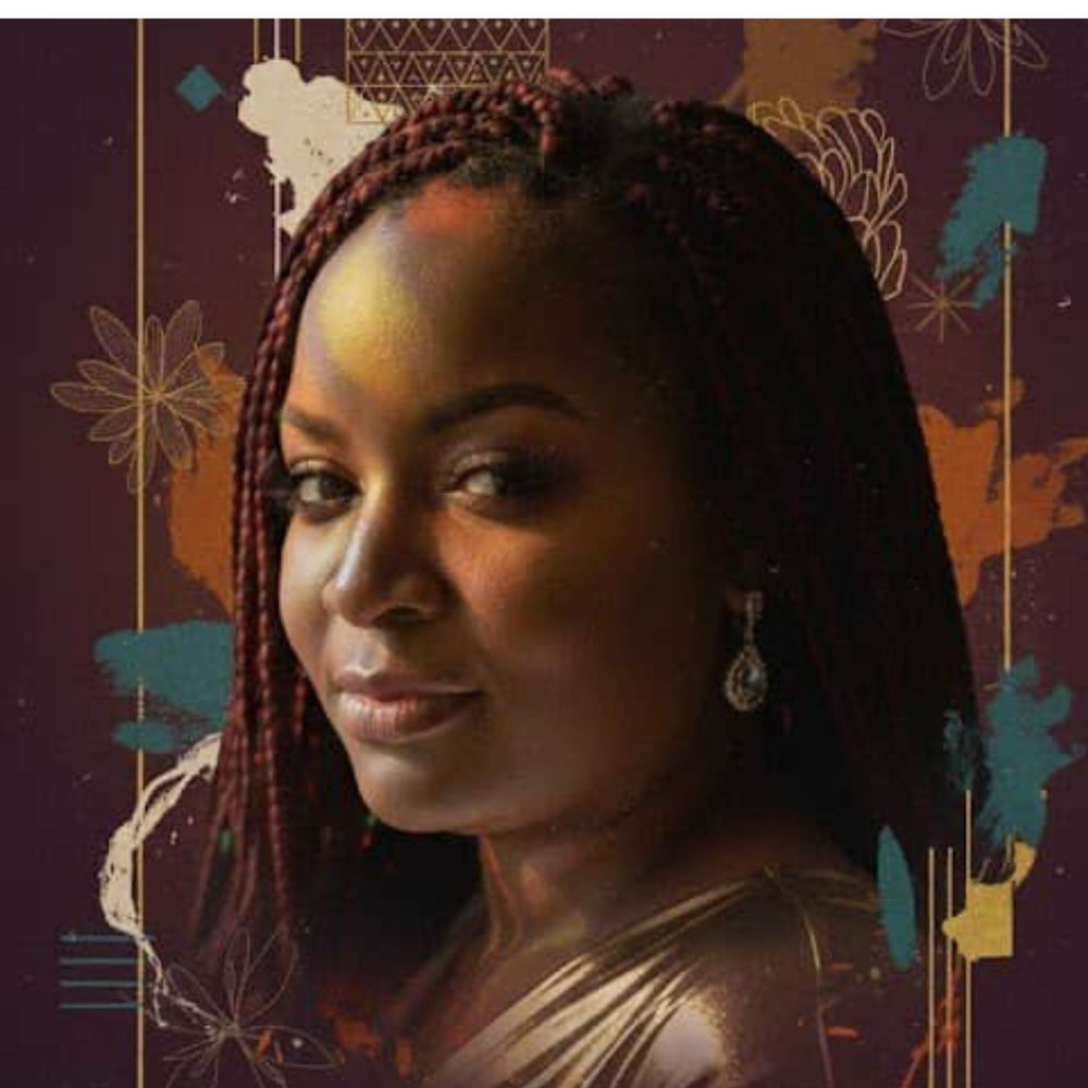 Kisa Soul in profile, looking to the side, wearing long auburn box braids and a drop earring, set against a maroon backdrop with gold line-art flowers and teal paint strokes.