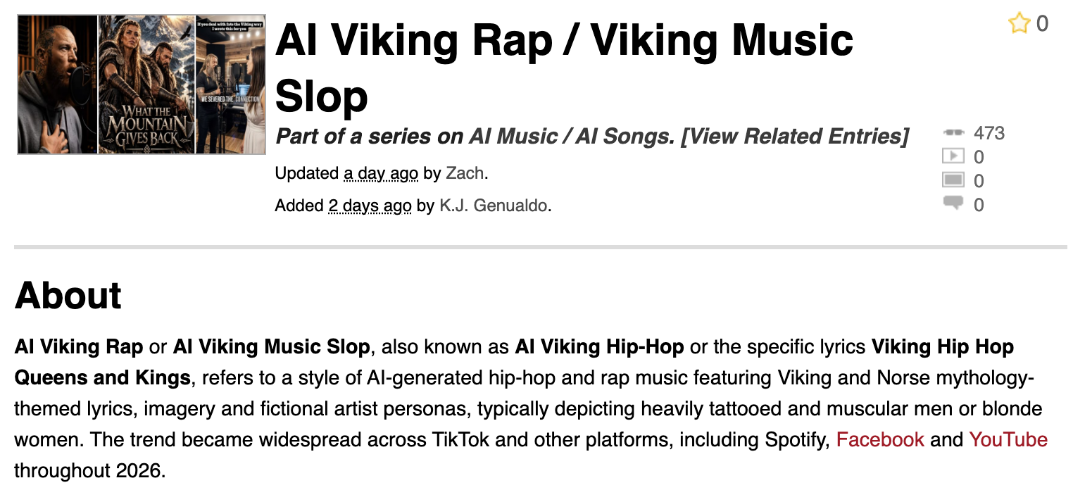Know Your Meme entry defining AI Viking Rap, also called Viking Music Slop