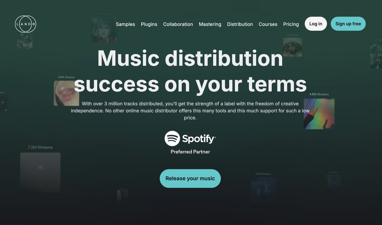 LANDR music distribution page headlined Music distribution success on your terms, noting over 3 million tracks distributed and a Spotify Preferred Partner badge
