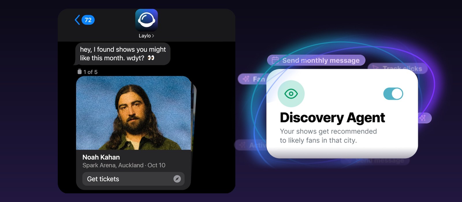 Laylo Discovery Agent text recommending a Noah Kahan show in Auckland, next to the agent's toggle card