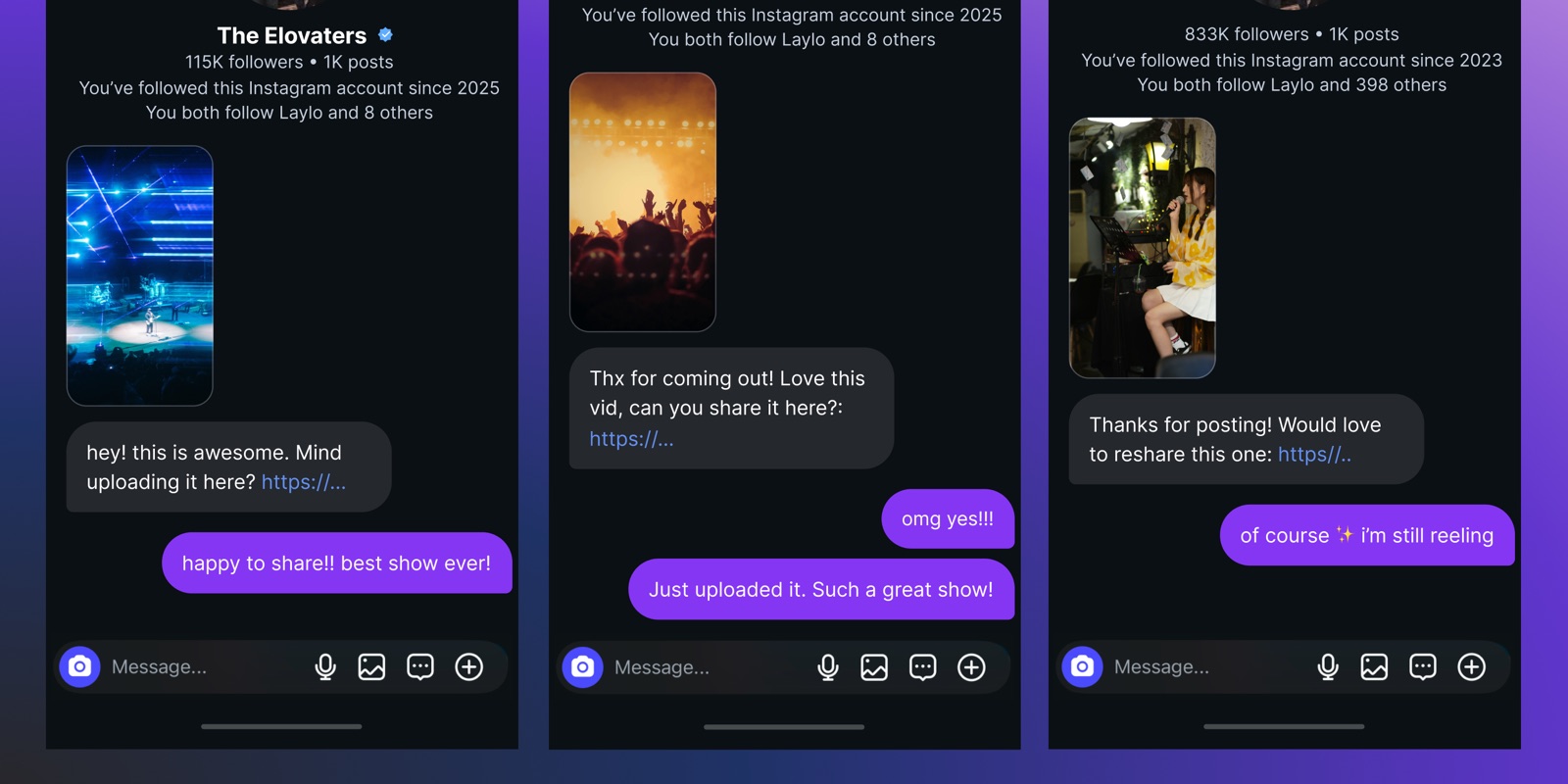 Laylo UGC Agent DM conversations asking fans to share their concert clips