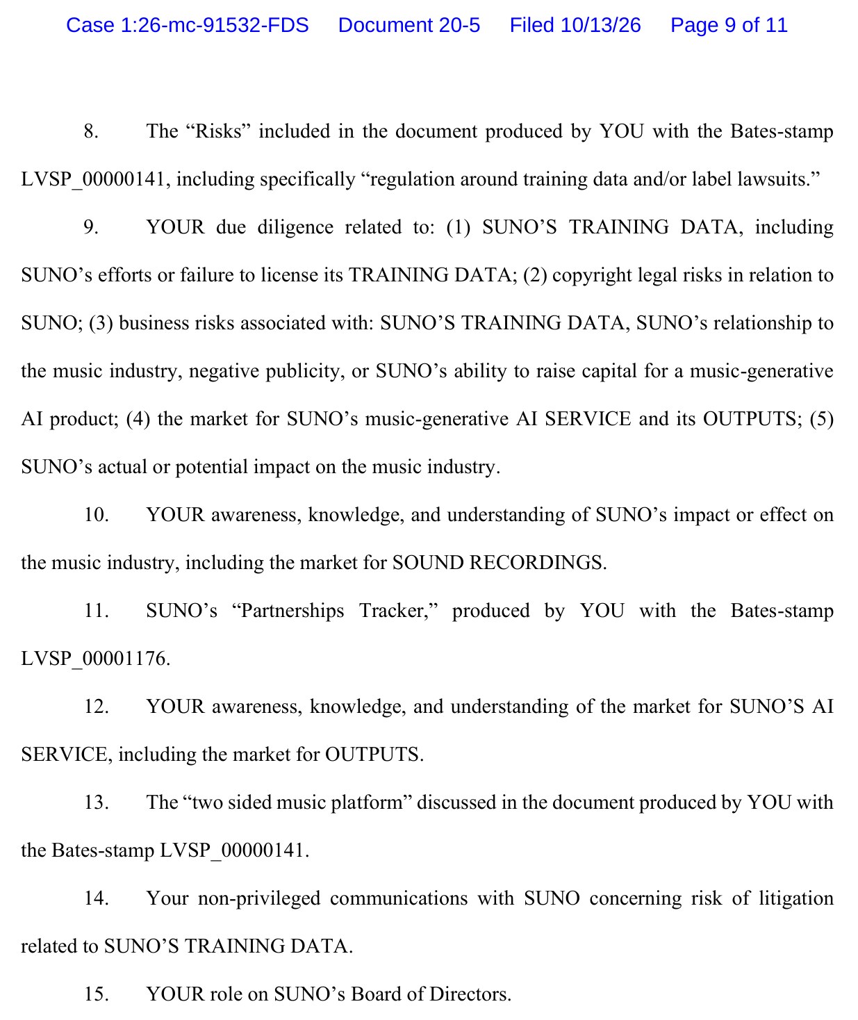 Universal and Sony's narrowed subpoena listing Lightspeed deposition topics on Suno's training data risks