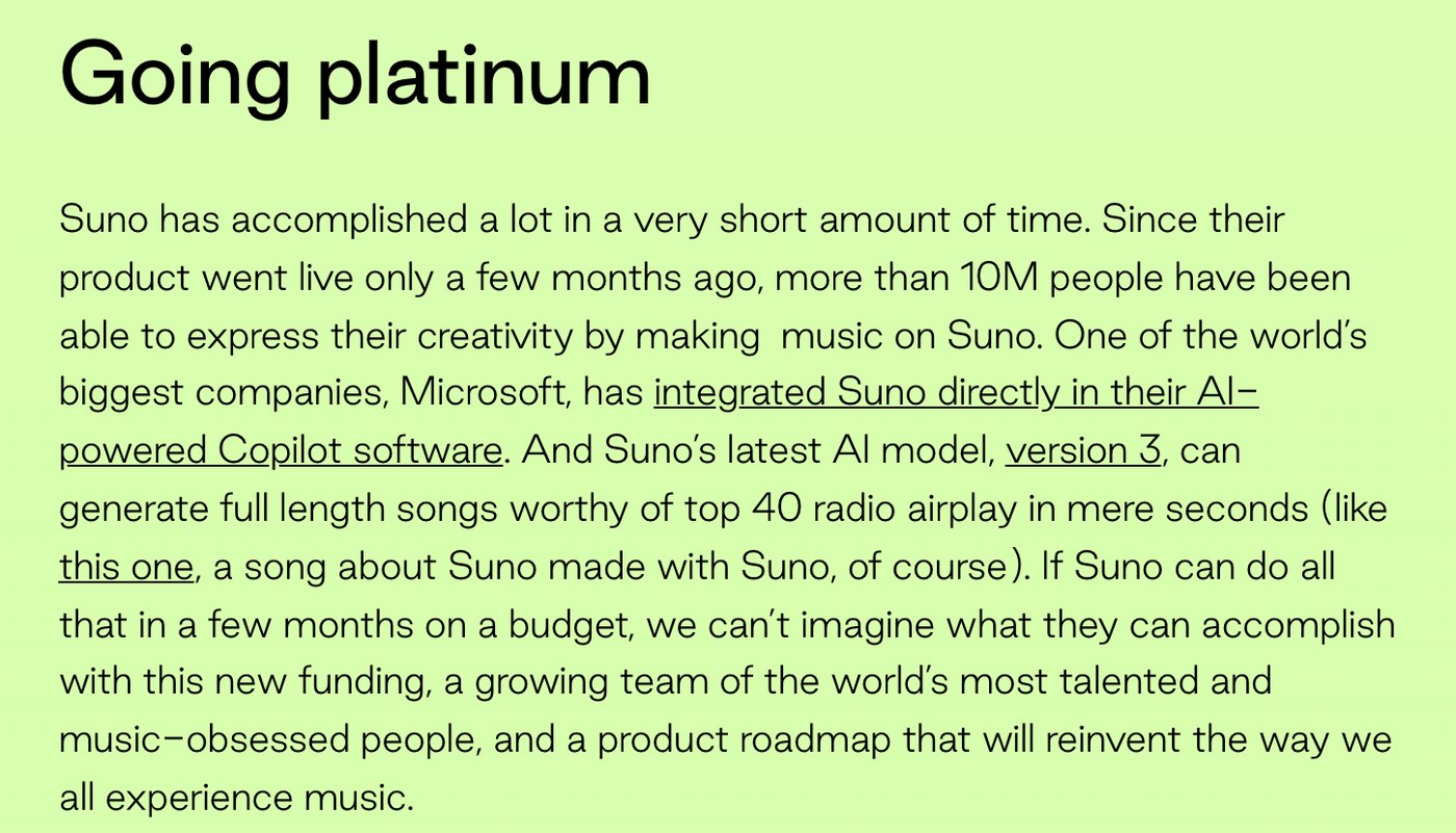 Lightspeed Venture Partners' May 2024 Suno post saying Suno v3 makes songs worthy of top 40 radio