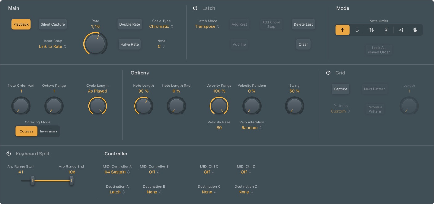 Logic Pro Arpeggiator MIDI FX with rate, note order, latch, and pattern grid controls