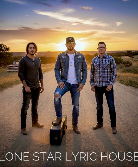 Lone Star Lyric House promotional image: three men standing on a Texas dirt road at sunset, one in a cap and denim vest with a guitar case at his feet, a pickup truck and wind turbines behind them.
