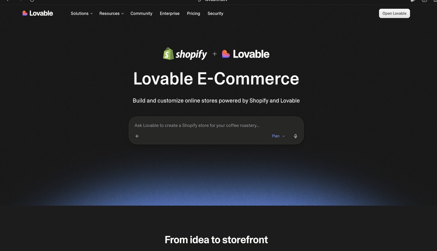Lovable E-Commerce landing page with the Shopify plus Lovable lockup and the prompt box for building a store