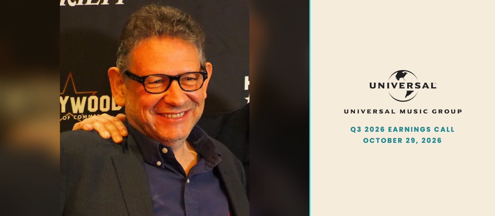 Universal Music Group CEO Lucian Grainge beside the UMG logo, for his AI slop remarks on the Q3 2026 earnings call