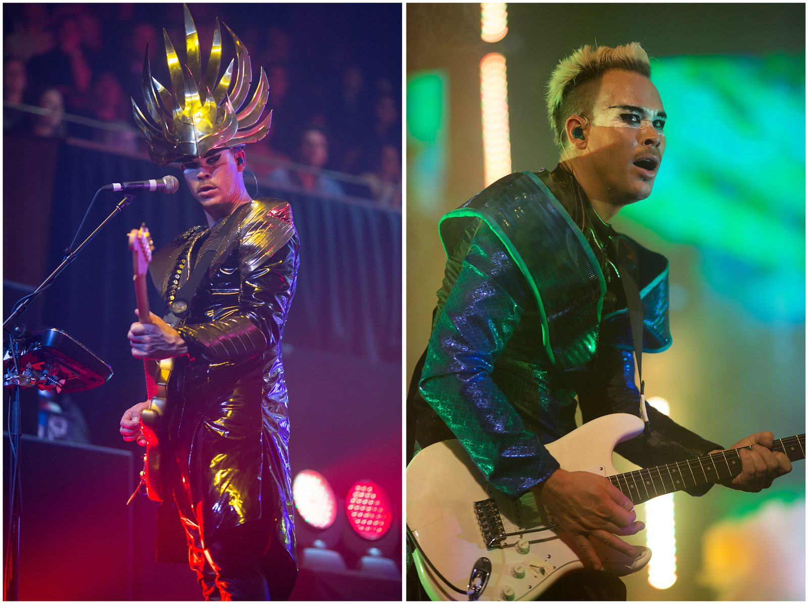 Luke Steele of Empire of the Sun performing live in a metallic headdress and stage costume with a guitar