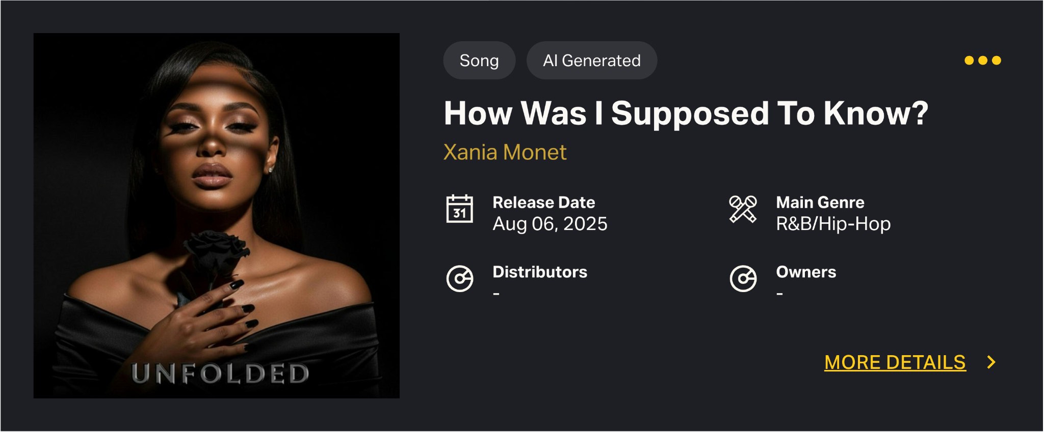 Luminate CONNECT song profile for Xania Monet showing the AI Generated tag beside the Song tag
