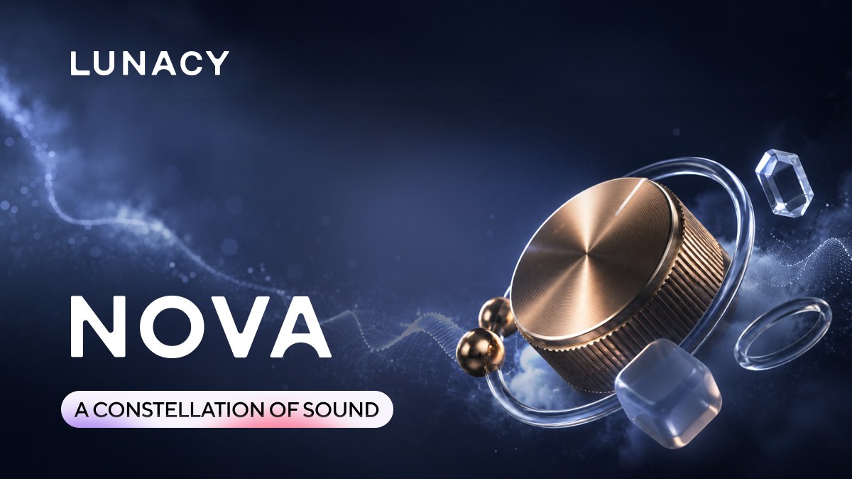 Lunacy's NOVA launch art, a gold rotary knob orbited by glass shapes above the line A Constellation of Sound