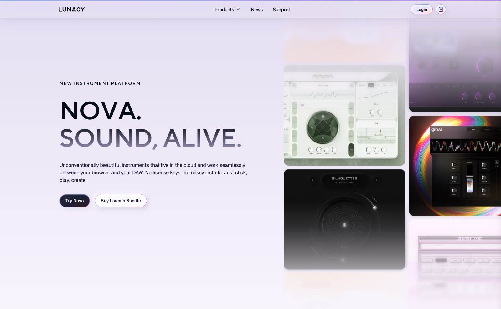 Lunacy's NOVA product page showing the Anima, Growl, Silhouettes and Chiptuner instrument interfaces