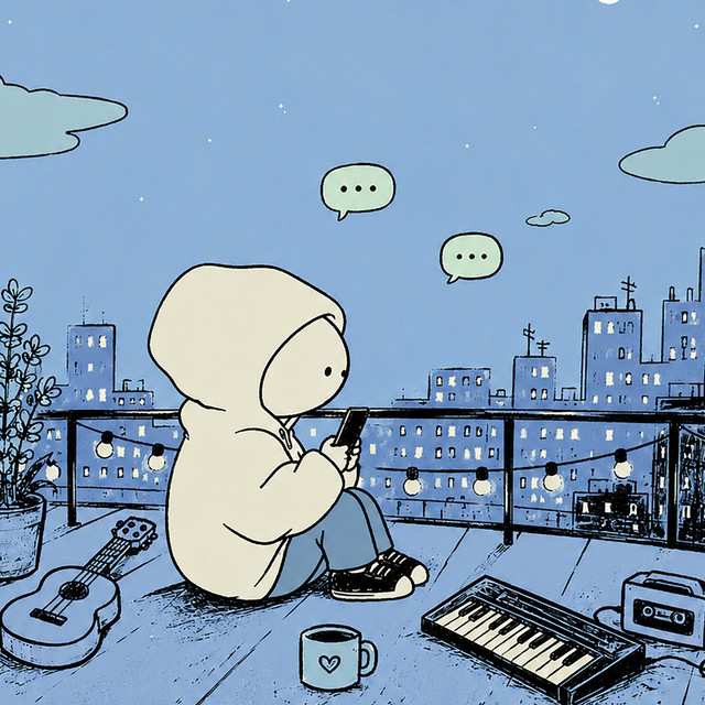 Illustration of a hooded white cartoon figure with dot eyes sitting on a rooftop at night, looking at a phone beside a ukulele, keyboard and coffee mug, with a blue city skyline behind.