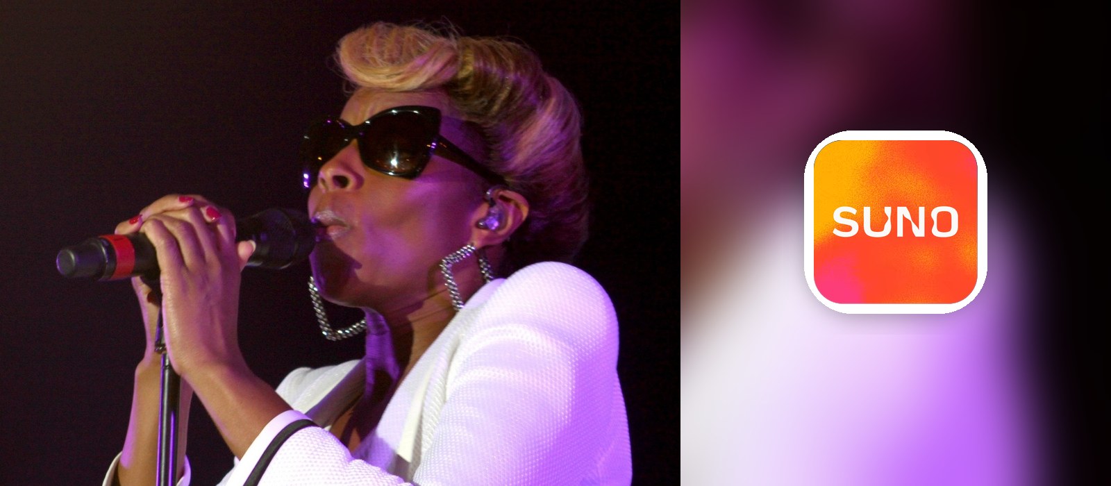 Mary J. Blige singing live beside the Suno logo, after the AI music platform ran an ad campaign featuring her