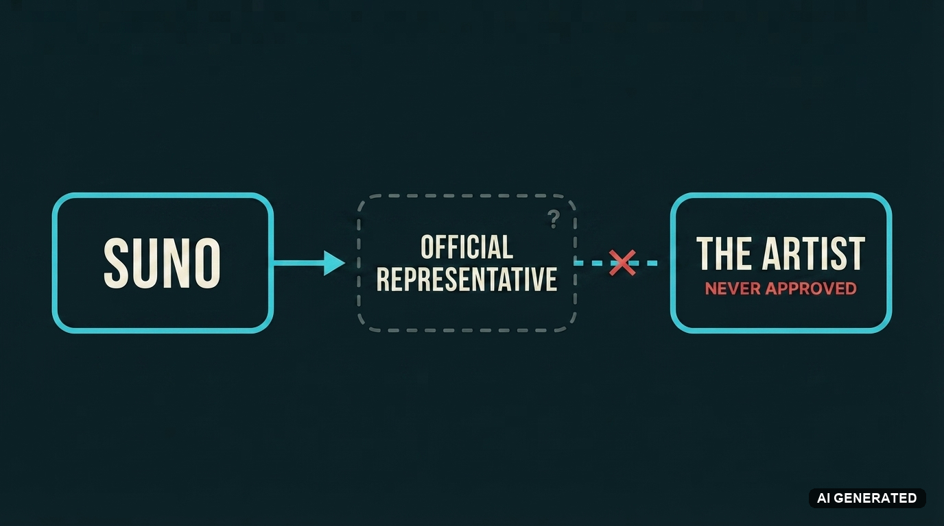 Diagram showing Suno signing an advertising deal with an unnamed person claiming to represent Mary J. Blige, who never approved it