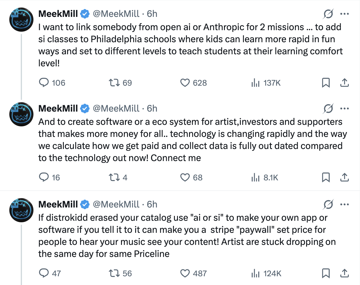 Meek Mill's October 2026 X posts asking OpenAI or Anthropic to help build artist software