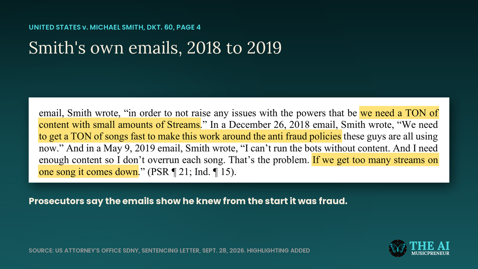 Page 4 of the Michael Smith sentencing letter quoting his 2018 and 2019 emails about anti-fraud policies